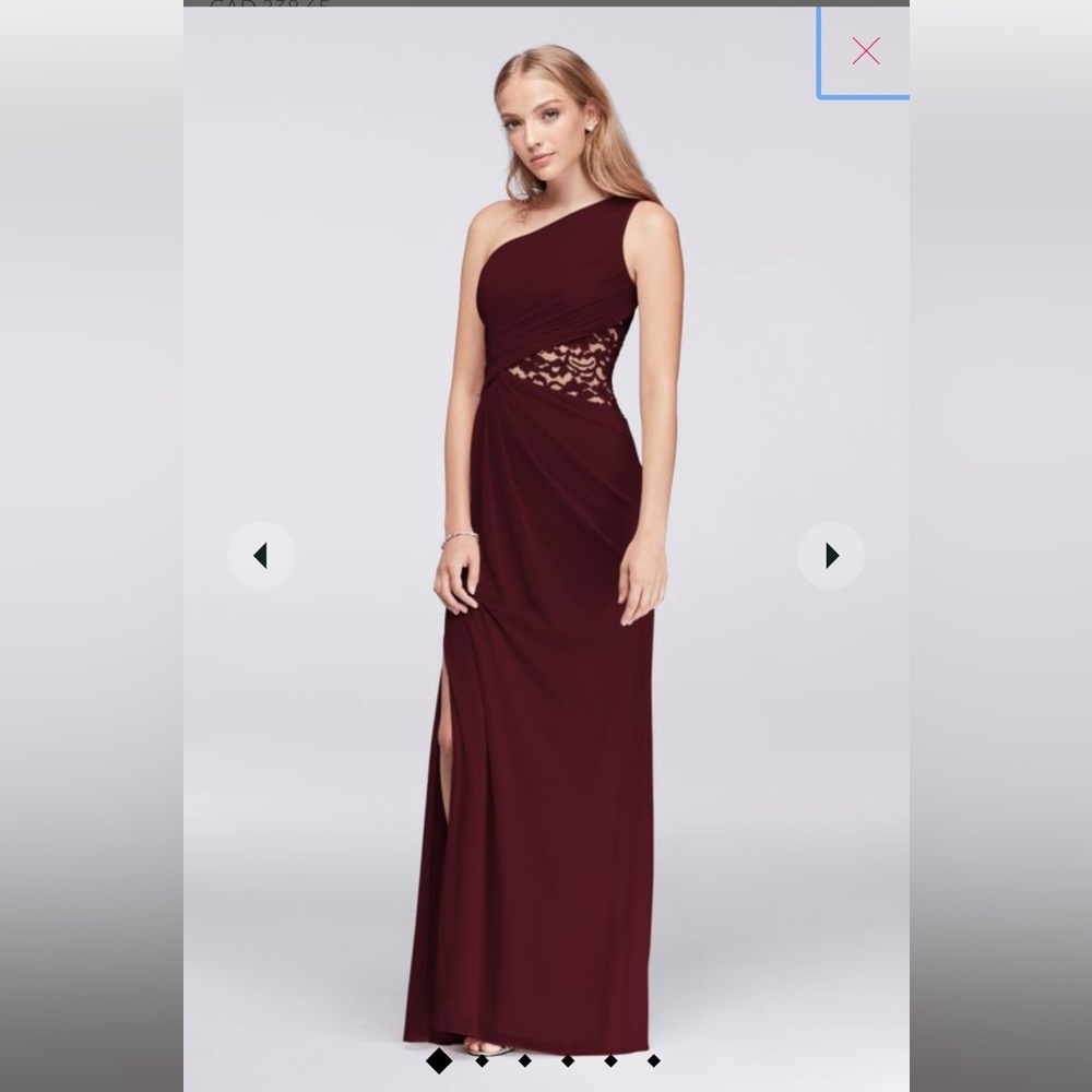 David’s Bridal one-shoulder mesh dress with lace inset, in Wine, Size 4